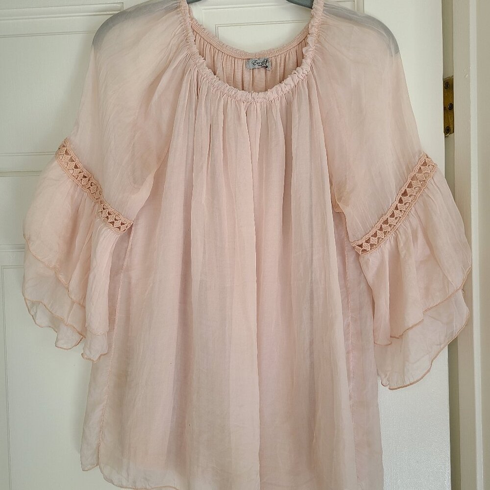 Women's "Elena Bladi" Pink Silk Blouse, Size Large